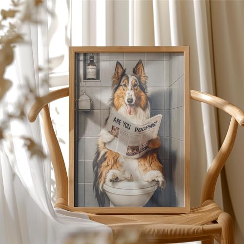 Image of Collie on Toilet Wood Framed Wall Art Print Poster, Dog Bathroom Humor Decor Posters Prints for Restroom Home Picture Painting Artwork Gallery 7 (Collie, 14 inchL x 11 inchW, Wood Frame)