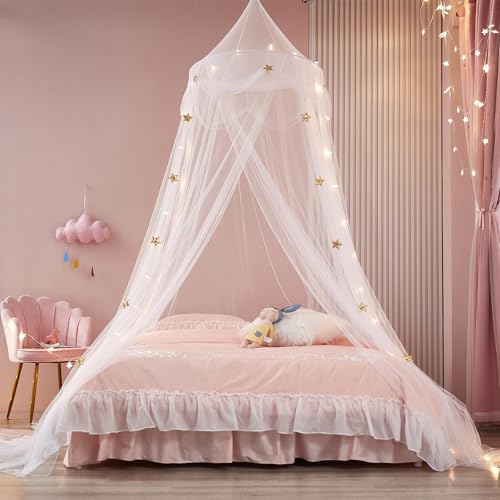 ZIQINPSQ Toldo de cama de princesa para niñas con estrellas doradas (sin lámpara) | Mosquitera de ajuste universal para cunas, camas individuales, dobles y king | Cortinas de toldo para niños fáciles