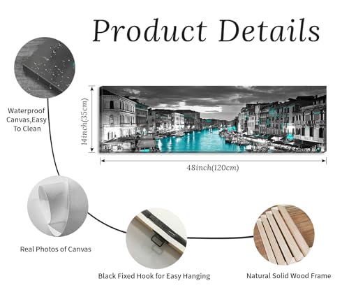 JiazuGo Venice Skyline Wall Art Framed Black and White City Canvas Artwork Italy Wall Art Cityscape Coastal Aqua Green Teal Waterfront Painting Poster for Bedroom Office Decoration Modern Home