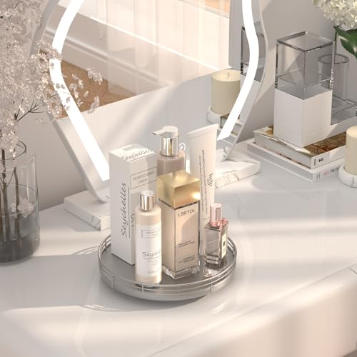 Image of 9 inch Silver Lazy Susan for Table Top, Oak Wood Lazy Susan Turntable Organizer for Dining Coffee Table Centerpiece Bar Decor Kitchen Countertop Bathroom Vanity Decorative Tray for Perfume Jewelry Round