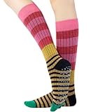 Verdancy Yoga Pilates Socks with Grips for Women Striped Color-Blocked Knee Highs Non Slip Cushioned Over the Calf Socks for Barre (One Size, Red/Pink)