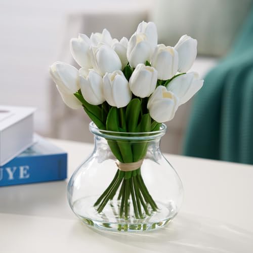 Verinatural Tulips Artificial Flowers With Glass Vase 26 Cm White Fake Flower Small Faux Silk Flora Real Touch Faux Bouquet Plants For Indoor Home Wedding Spring Decoration (1 Pcs) - 3