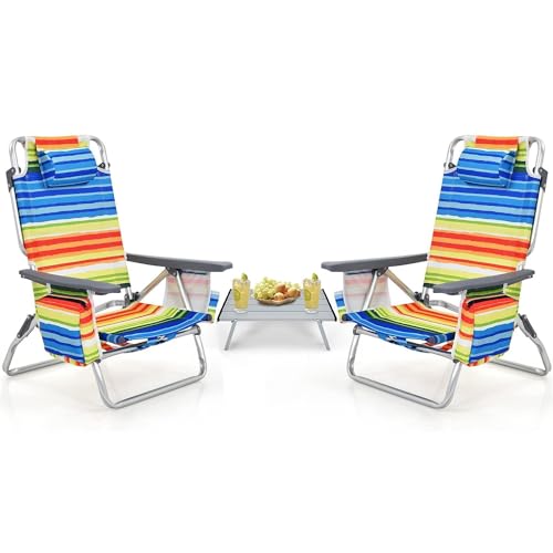 COSTWAY Juego de Sillas de Playa, 3 Piezas, Sillas de Camping Portátiles con Portavasos, Bolsa de Hielo, Respaldo Reclinable de 5 Posiciones para Adultos, Viajes y Toma de Sol, Soporta 300 LBS, Multicolor