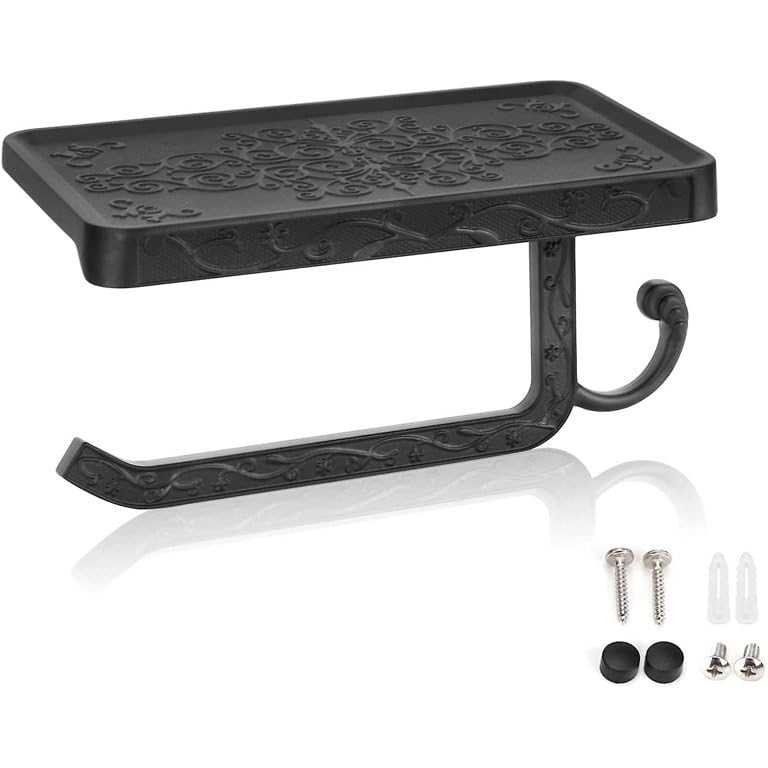 Vintage Toilet Paper Holder Wall Mount Toilet Roll Holder with Shelf and Hook Bronze Antique Bathroom Accessories Toilet Tissue Roll Holder Hanger Aluminum Material (Black) - Image 4