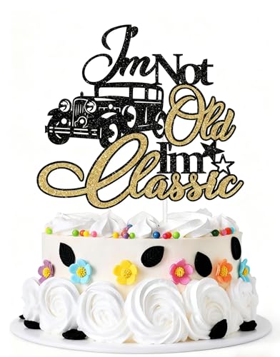 KSHGTB"I'm Not Old I'm Classic"Black and gold Glitter Cake Topper,Vintage Car Classic Car Birthday Cake Decorations for Men, Car Cake Topper for 40th 50th 60th 80th 90th Birthday Party Supplies
