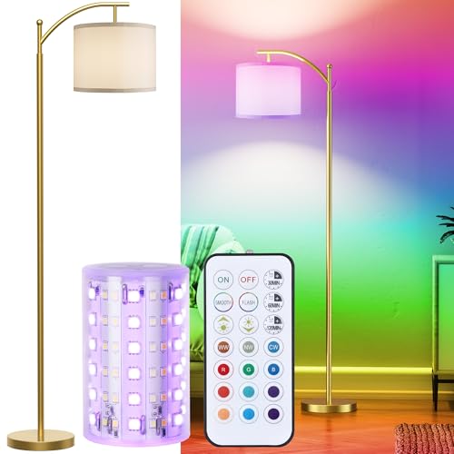 Image of Battery Operated Floor Lamp, RGB Dimmable Cordless Standing Lamp with Remote Control for Living Room, Tall Floor Lamp for Bedroom -Gold