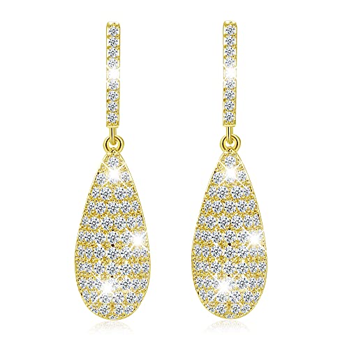 Frwiskp Womens Drop Dangle Earings, 18K Gold Plated 925 Sterling Silver posts Premium Trendy Cubic Zirconia Dangle Earring, Hypoallergenic Jewelry, Gifts for Womens Girls, Yellow Gold, Cubic Zirconia