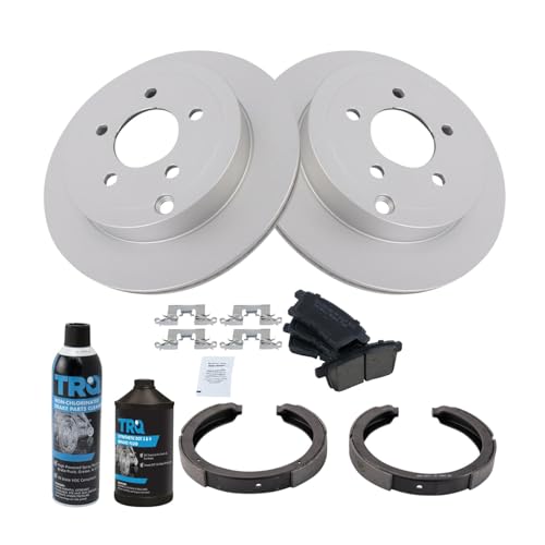 Image of TRQ Rear Brake Pad & Rotor Kit, with Chemical Kit Parking Brake Shoe Set Ceramic Premium G-Coated Compatible with 2007-2010 Ford Edge Lincoln MKX