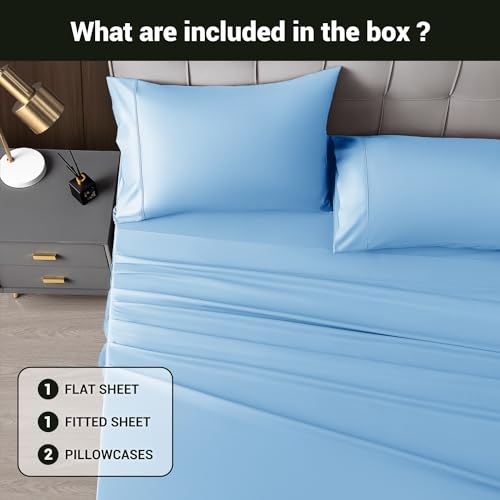 Image of Shilucheng 4 Piece Queen Sheet Sets, Cooling Sheets, Blend Rayon Derived from Bamboo, Deep Pocket Up to 16 inch, Breathable & Soft Bed Sheets, Hotel Silky Bedding Set, Lake Blue
