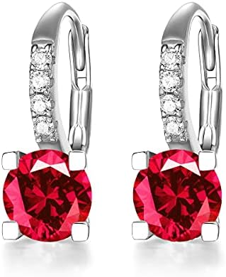 CACESTONE July Birthstone Earrings Sterling Silver Gemstone Created Ruby Earrings Red Cubic Zirconia Hoop Dangle Earrings for Women Daily Wear Anniversary Birthday Gifts for Wife Girls Her