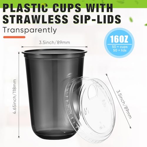 Ziliny 50 Sets Clear Plastic Coffee Cups with Sip Lids, Disposable Plastic PET Crystal Cups for Iced Coffee, Smoothie, Cold Beverage, Drink Shops and Party Catering(Clear Black,16 oz)
