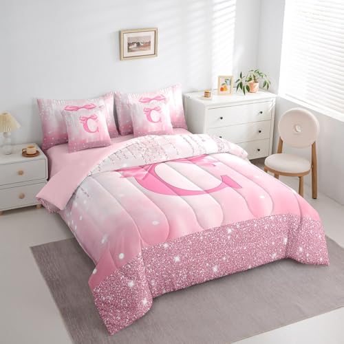 Image of Feelyou Kids Pink Bowknot Bed in A Bag Full Size, Personalized Initial C Comforter Set with Sheets Princess Glitter 7 Pieces Bedding Set Boys Girls Bow Alphabet Teens Bed Set Bedroom Decor 7Pcs