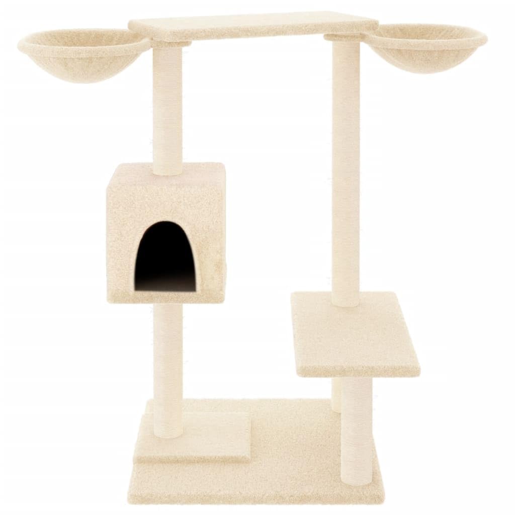 Kratzbaum 82 cm hoch Katzenbaummit 2 Katzenhäusern Creme | Mehrstufiger Spielturm aus Holzwerkstofffür das Wohnzimmer mit Sisal-Kratzsäulen und Liegemulden.