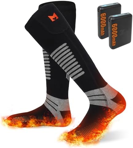 PEKWZIZ Heated Socks, 5V 6000mAh Rechargeable Heated Socks for Men Women, Electric Heated Socks with 4 Heating Levels for Outdoors Working Skating Skiing Hunting Hiking Cycling