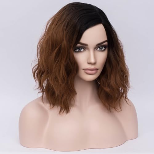 Image of BERON Brown Ombre Wigs for Women Short Curly Bob Wavy Wig Girls Black and Brown Body Wave Shoulder Length Cosplay or Daily Wigs