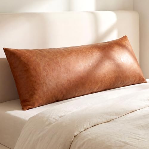 Tegeme Faux Leather Long Pillow Cover 14 x 36 Inch Boho Lumbar Decorative Throw Pillow Cover Hand Stitched Stylish Pillowcase Cushion Case for Bedroom Sofa Bench Farmhouse Decor(Brown)