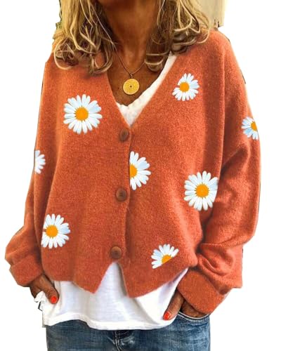 Akivide Cute Sun Flower Cardigan Sweaters for Women Lightweight,Button Down Open Front Casual Knit Sweaters Coat Outwear 20232