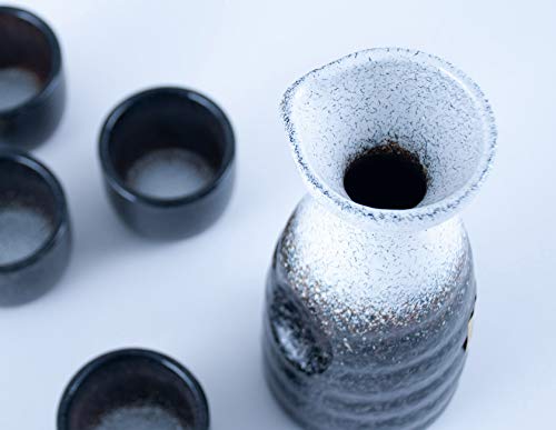 Hinomaru Collection Reactive Glaze Sake Set Tokkuri 10 Fl Oz Bottle With Four Sake Ochoko Cups 2 Fl Oz (Frost White) #TOP3