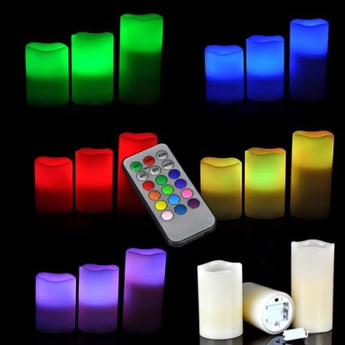 LED Candles with Remote, KUNFO 3 Pack RGB Electronic Candle Light Smokeless Waterproof LED Candles Lights Flickering Battery Powered Multicolored Candle for Wedding, Bedroom, Church [Energy Class A+]