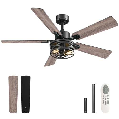 52 Inch Farmhouse Ceiling Fan with Lights and Remote, Timer, Dual Finish 5 Blades (Gray Oak and Black), 6 Speeds, Reversible DC Motor, Rustic & Industrial Caged Ceiling Fan for Bedroom HB01CF05 by GOEBLESON - Used condition - Image 8