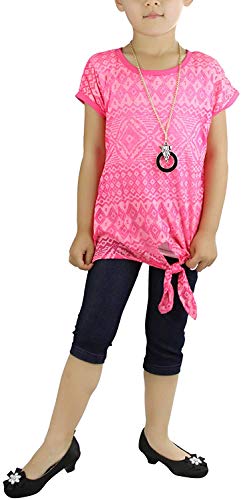 Image of ToBeInStyle Girl's 2 Piece Outfit Layered Top & Capri Jeggings Set Casual Denim Look Leggings