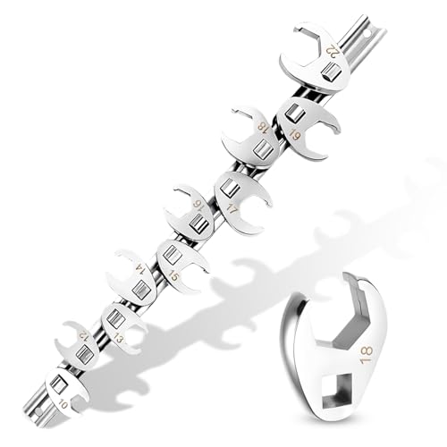 DikTalk 3/8 Drive Metric Crow foot Wrench Set 10-Piece 10-22mm CR-V Steel Flare Nut Design for Automotive & Plumbing Tight Spaces Access with Clip-On Organizer