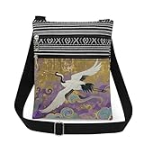 XiaoGalaee Flying Crane Crossbody Bag Adjustable Strap Flying Bird Print with Gold Sky Purple Clouds Messenger Bag Birthday Gift or Christmas Present​​ for Friend Crane Lover