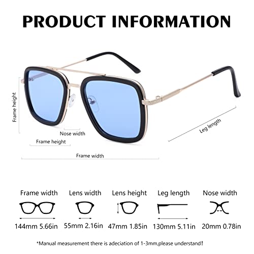 Scvgver Kids Tony Stark Sunglasses Classic Square Metal Frame Eyeglasses For Girls Boys Age 8-13 (Gold Frame/Blue Lens) #TOP5