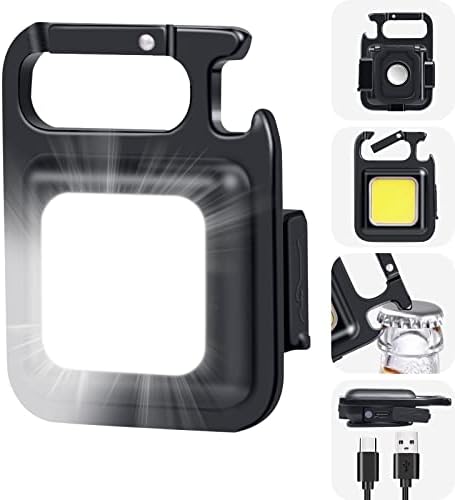 DOTCOM Cob Small Flashlight,1000 Lumens Bright Rechargeable Cob Keychain Flashlights,4 Light Modes Portable Pocket Light with Folding Bracket Bottle Opener&Magnet Base for Walking&Camping (1 Pack)