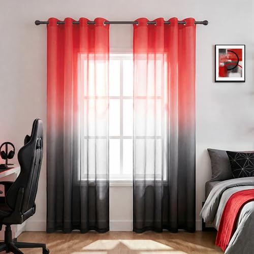 KOUFALL Red Curtains for Bedroom Living Room 84 Inches Long, Sheer Boys Curtains for Black and Red Room Decor