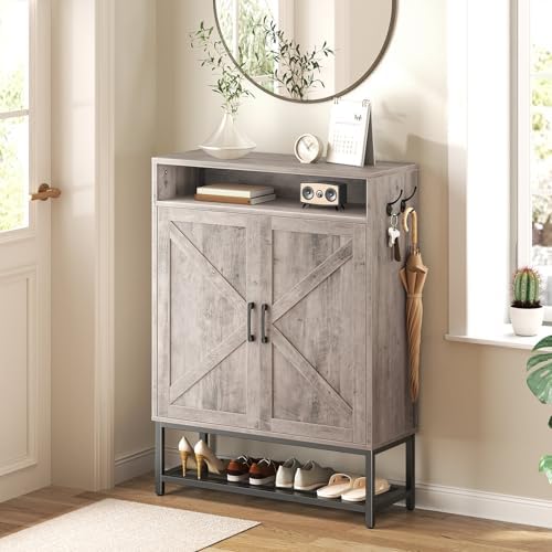 MAHANCRIS Shoe Storage Cabinet, Farmhouse Shoe Cabinet for Entryway, 6-Tier Shoe Organizer with Doors and Shelves, Narrow Hidden Freestanding Shoe Rack Cabinet for Entrance, Greige SHHG9501