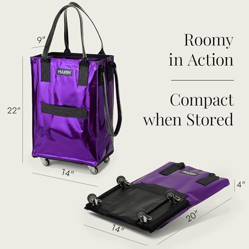 HULKEN (Small, Ultraviolet) Reusable Grocery Bag On Wheels, Shopping Trolley, Rolling Tote, Zipper Closure, Lightweight, Carries Up to 66 lb, Folds Flat
