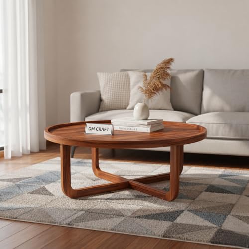 Image of Sheeshsam Wooden Center Coffee Table - Solid Wooden Round Coffee Table for Living Room - Tea Table Teapoy Center Piece for Home Sofa Round Center Table for Living Room (Honey, Kyle)