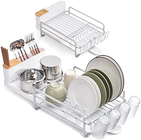 LuluBelle Dish Drainer Rack Expandable Dish Rack, 37-53cm Stylish Plastic with Drainer Tray, Choice of Colours Unit size H58 x W35 x D27cm White