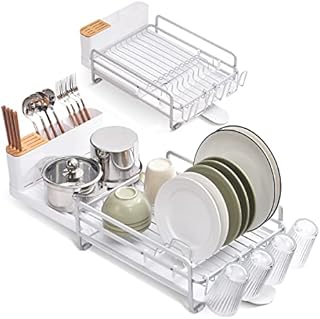 LuluBelle Dish Drainer Rack Expandable Dish Rack, 37-53cm Stylish Plastic with Drainer Tray, Choice of Colours Unit size H58 x W35 x D27cm White