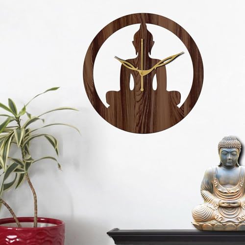 Image of SKYVILLA 12 Inch Wooden MDF Buddha Analog Wall Clock with English Numerals, Romans | Silent Quartz Movement | Lightweight Without Glass Design for Home (Brown)
