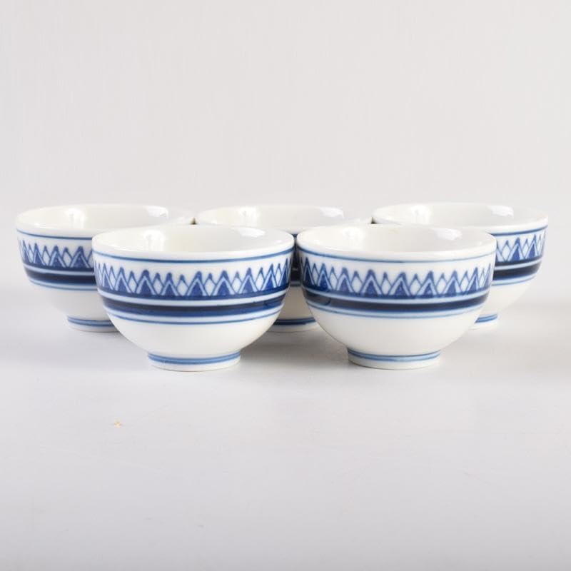 煎茶道具　賣茶好　染付　雁木文　茶碗　五客　共箱　V　7899 煎茶道具 賣茶好 染付 雁木文 茶碗 五客 共箱 V 7899