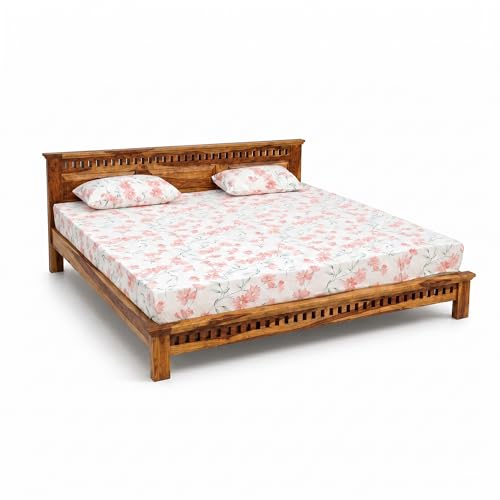 Image of SONA ART & CRAFTS Kuber Solid Sheesham Wood Queen Size Platform Bed Without Storage | Wooden Queen Size Cot Bed | Double Bed for Home - Natural Finish (Assembly Included)