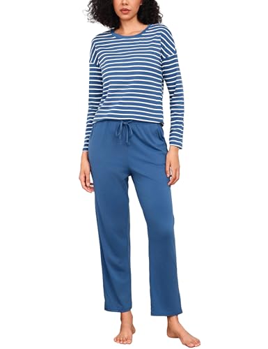 Bresdk Pijama Mujer Invierno Algodón Ropa de Dormir Camiseta de Manga Larga Largo Pantalón Pijama para Mujer Azul Celeste Blanco L