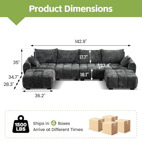 Image of 143 inch Oversized U Shaped Cloud Modular Sectional Sofa, Modern Chenille Upholstered 6 Seater Couch with 2 Removable Ottomans, Tufted Deep Seat & Wood Legs, Large Grey Sectional Couches for Living Room