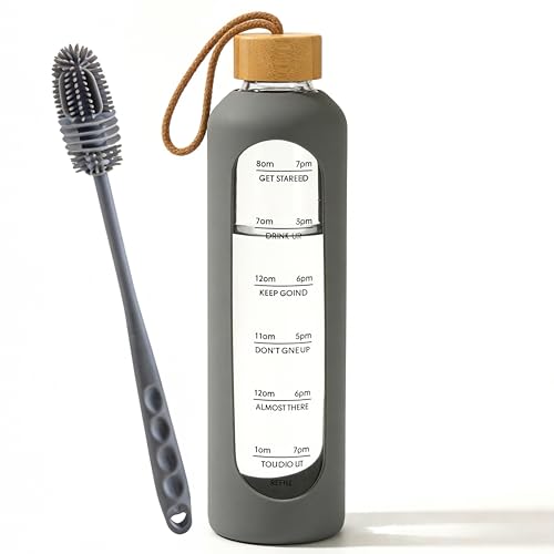 oeeo Gourde en verre de 1 l avec coque en silicone incassable, bouteille d'eau avec marqueurs de temps, bouteille d'eau en verre anti-fuite de 1 l avec bouchon en bambou avec brosse pour le sport, les