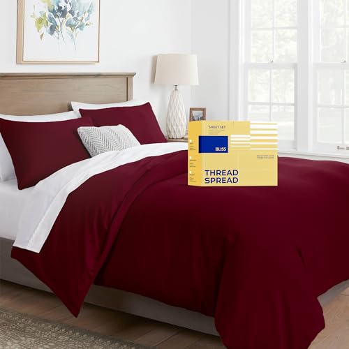 THREAD SPREAD Duvet Cover King Size - 600 Series 100% Egyptian Cotton Duvet Cover King (3 PC, Burgundy), Soft, Cooling, Durable Sateen Weave Comforter Protector, Zipper Closure with 7 Corner Ties