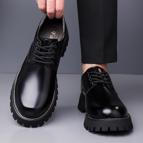 Mens Patent Leather Lace-Up Platform Dress Oxfords Shoes Casual Round Toe Non Slip Chunky Heels Derby Shoes for Formal Business Wedding2