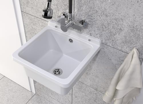 GRANITAN Lavandino da Esterno Moderno per Garage e Lavanderia - Lavatoio per Installazione Interna ed Esterna - Pilozzo da Esterno Giardino - 40x38x22,8 cm - Bianco