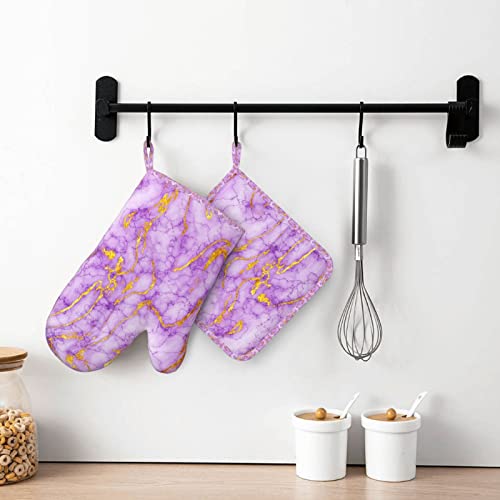 Purple Gold Marble Oven Mitts And Pot Holders Sets, Non-Slip Silicone Oven Gloves Heat Resistant Kitchen Glove For Cooking,Baking,Grilling,Bbq #TOP5