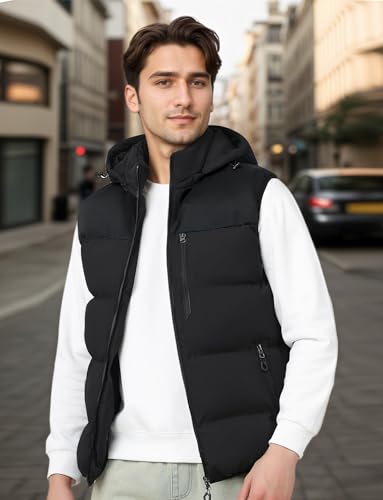 FEOYA Men Puffer Vest Hooded Winter Vest Down Warm Sleeveless Jacket with Pockets Removable Hood2