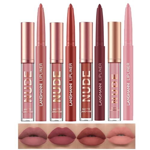 LANGMANNI 6 Matte Lipstick with 6 Lipliners Durable Makeup Set,Long-Lasting Non-Stick Cup Not Fade Waterproof Pigmented Velvet Lipgloss Kit Beauty Cosmetics Makeup (#A)