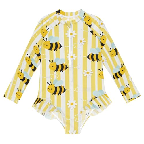EtherSpher Rashguard-Badeanzug für Mädchen, gestreift, gelber Bienen-Motiv, langärmelig, Gestreifte gelbe Bienen, 3-4 Jahre