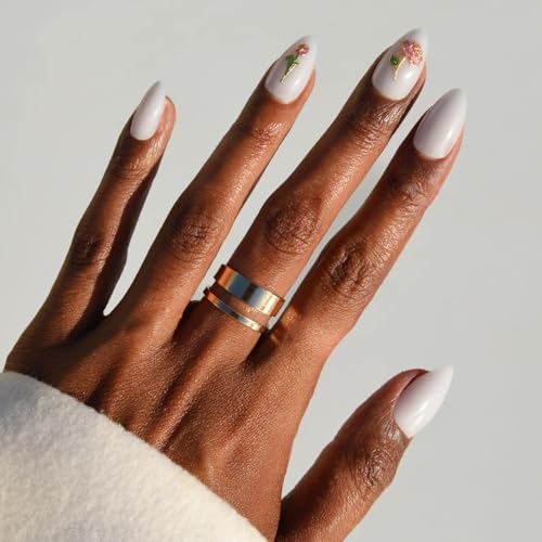 Glamnetic Press On Nails - Floral Glow Spring Nails | Short Almond Fake Nails in Milky White Base with 3D Rose Designs in a Glossy Finish, Salon Quality | 15 Sizes - 30 Nail Kit with Glue