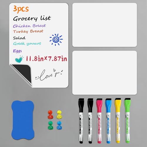 Kinoco Magnetic Dry Erase Whiteboard Sheet for Refrigerator (29.7x21cm) - Includes 3 Whiteboards, 6Markers, 4 Magnetic Pins 1 Eraser - Stain-Resistant Fridge Board for Notes, Planning & Organization